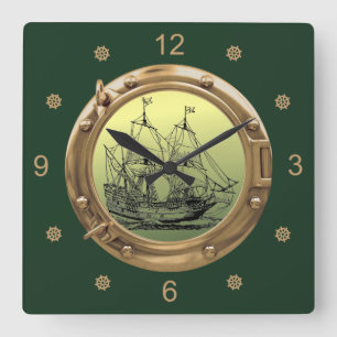 Zeilschip van Galleon ~ Brass Porthole ~ Vierkante Klok