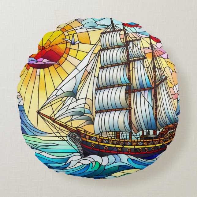 zeilschip van het Glas in lood Rond Kussen (Voorkant)