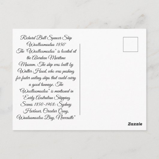 Zeilschip Woolloomooloo 1850 Briefkaart (Achterkant)