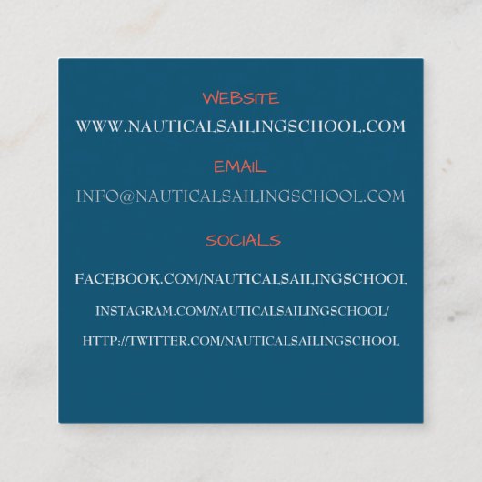 Zeilschool instructeur/witte zeilboot zeilen vierkante visitekaartje (Achterkant)