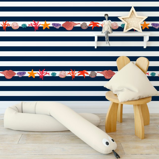 Zeilstof met leuke schelpen, schelpen, zeesterren behang (Sailor fabric with fun seashells, shells, starfish wallpaper)