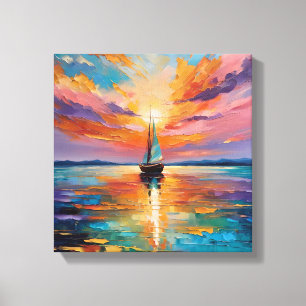 Zeiltocht bij zonsondergang op levendige wateren canvas afdruk