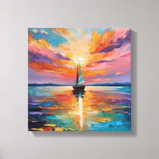 Zeiltocht bij zonsondergang op levendige wateren canvas afdruk