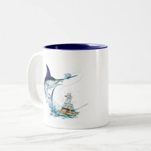 Zeilvis neemt het aas tweekleurige koffiemok (Voorkant links)