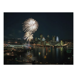ZELDEN-Pittsburgh 's nachts met vuurwerk Foto Afdruk