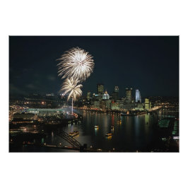 ZELDEN-Pittsburgh 's nachts met vuurwerk Foto Afdruk