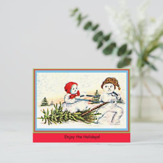 Zelden Snowman Pulling Snow Woman & Tree  Briefkaart (Staand voorkant)