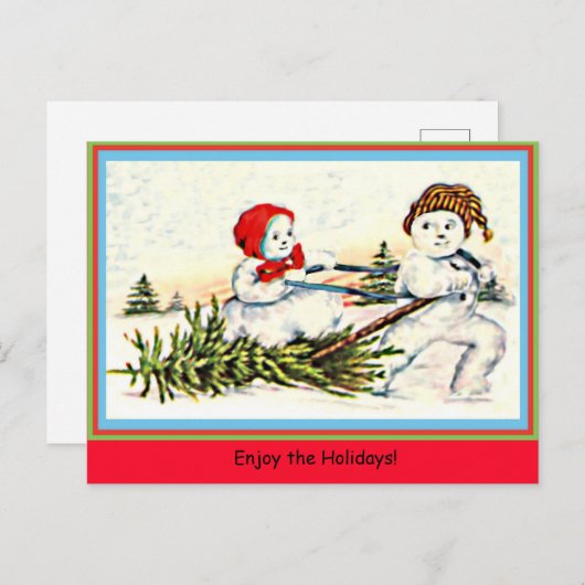 Zelden Snowman Pulling Snow Woman & Tree  Briefkaart (Voorkant / Achterkant)
