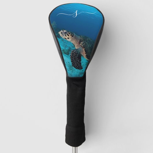 Zeldzame Hawksbill-schildpad zwemmend monogram ini Golfheadcover (Voorkant)