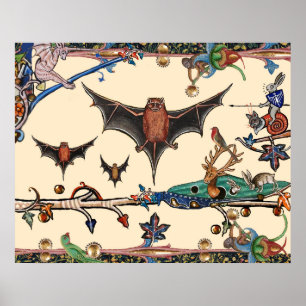 ZELDZAME MIDDELEEUWSE BESTIARIUM,VLIEGENDE VLEERMU POSTER