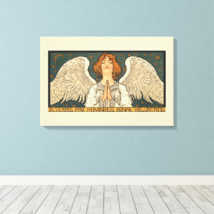 Zeldzame religieuze engel in gebed met gouden ster canvas afdruk