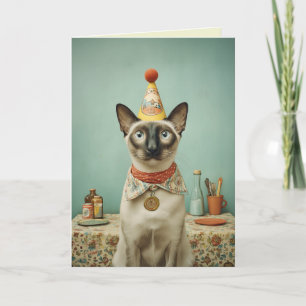 Zeldzame Siamese Kat met Feesthoed Portret Kaart
