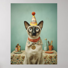 Zeldzame Siamese Kat met Feesthoed Portret Poster