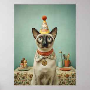 Zeldzame Siamese Kat met Feesthoed Portret Poster