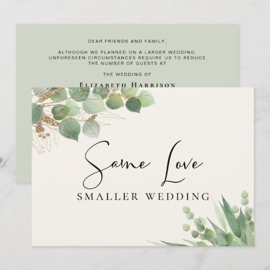 Zelfde Liefde Kleinere Bruiloft Eucalyptus Aankondiging (Voorkant / Achterkant)
