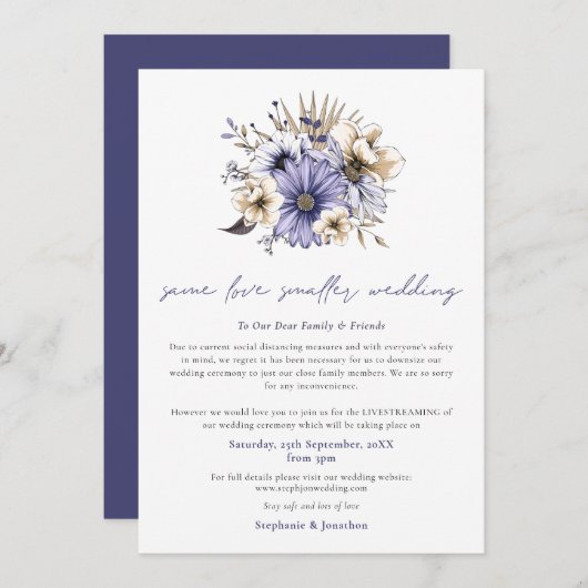 Zelfde Liefde Kleinere Bruiloft Florale Paarse Dec Aankondiging (Voorkant / Achterkant)