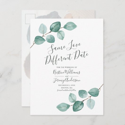 Zelfde liefde verschillende datum eucalyptus zwart aankondigingskaart (Voorkant / Achterkant)