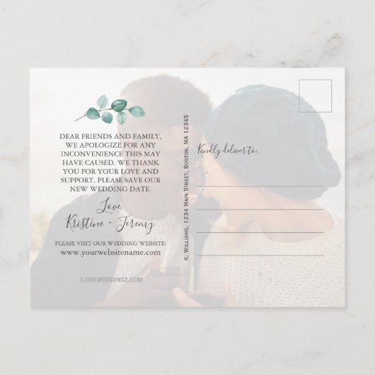 Zelfde liefde verschillende datum eucalyptus zwart aankondigingskaart (Achterkant)