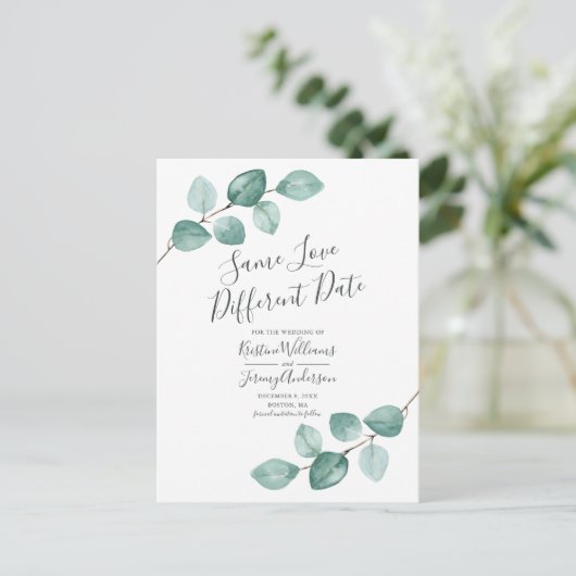 Zelfde liefde verschillende datum eucalyptus zwart aankondigingskaart (Staand voorkant)
