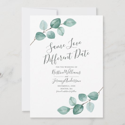 Zelfde liefde verschillende datum eucalyptus zwart save the date (Voorkant)