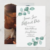 Zelfde liefde verschillende datum eucalyptus zwart save the date (Voorkant / Achterkant)