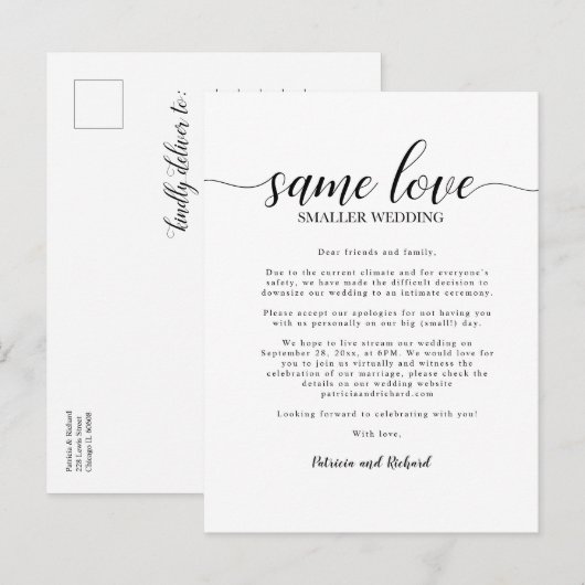 Zelfde liefdesbruiloft kleiner huwelijk briefkaart (Voorkant / Achterkant)