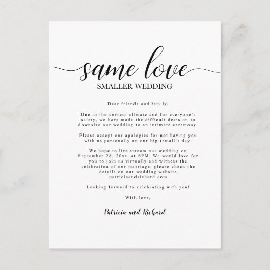 Zelfde liefdesbruiloft kleiner huwelijk briefkaart (Voorkant)