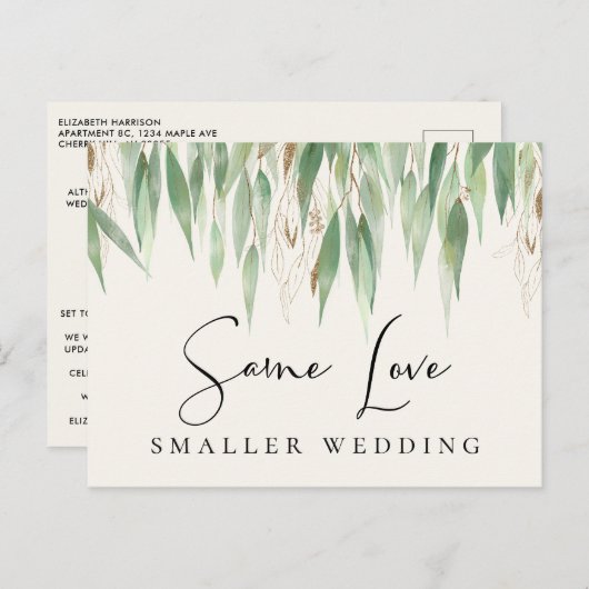 Zelfde liefdeskleintje bruiloft Greenery Aankondigingskaart (Voorkant / Achterkant)