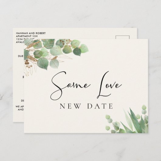 Zelfde liefdesnieuwe datum Eucalyptus Cream Wedden Aankondigingskaart (Voorkant / Achterkant)