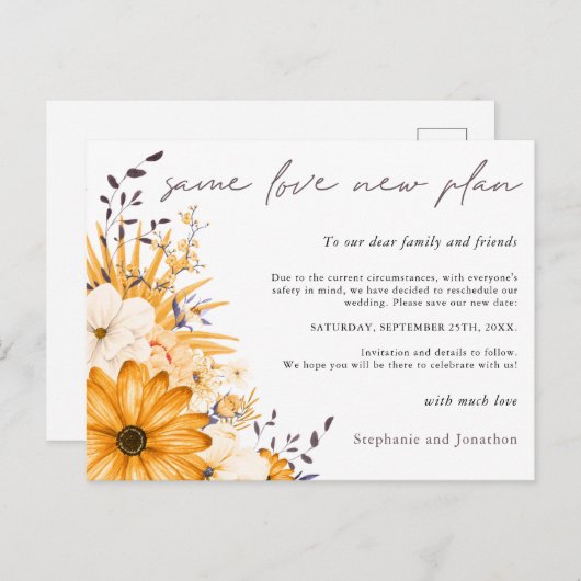 Zelfde 'Love New Plan' Datum Gellow Grey Floral We Aankondigingskaart (Voorkant / Achterkant)