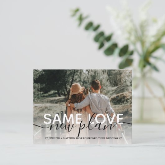 Zelfde Love New Plan Wedding Typography Foto Aankondigingskaart (Staand voorkant)
