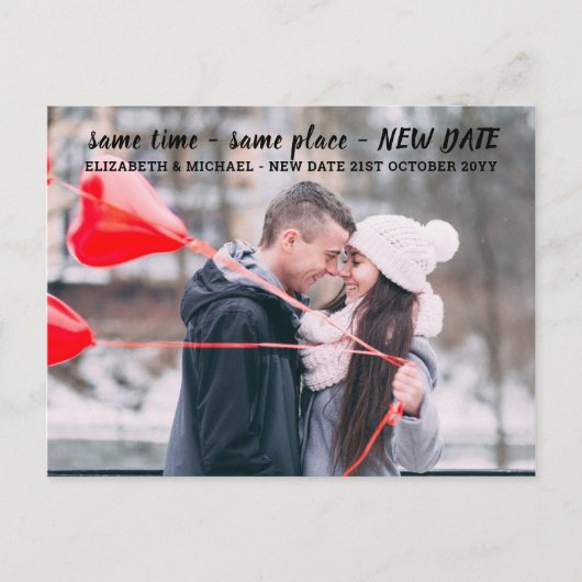 Zelfde plaats NIEUWE DATUM BUDGET Foto bruiloft Briefkaart (Voorkant)