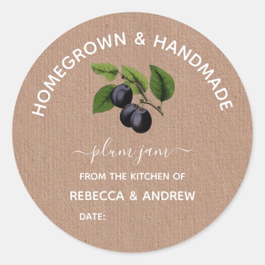 Zelfgekweekt & Handgemaakt Plum Jam Kraft papier Ronde Sticker (Voorkant)