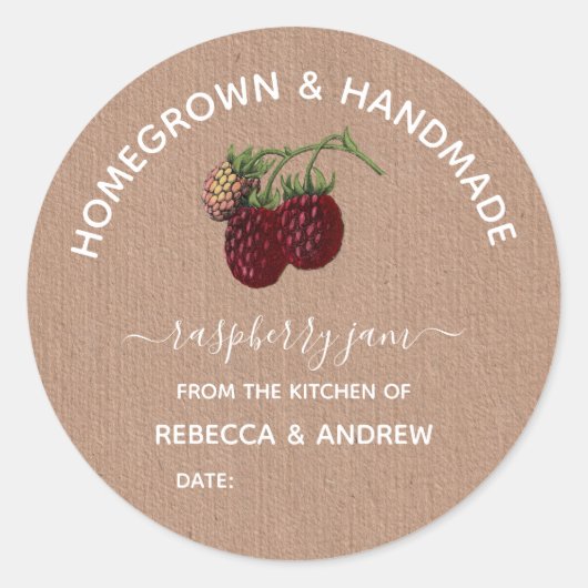 Zelfgekweekt & Handgemaakt Raspberry Jam Kraft Pap Ronde Sticker (Voorkant)