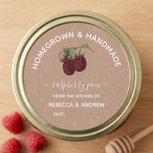 Zelfgekweekt & Handgemaakt Raspberry Jam Kraft Pap Ronde Sticker