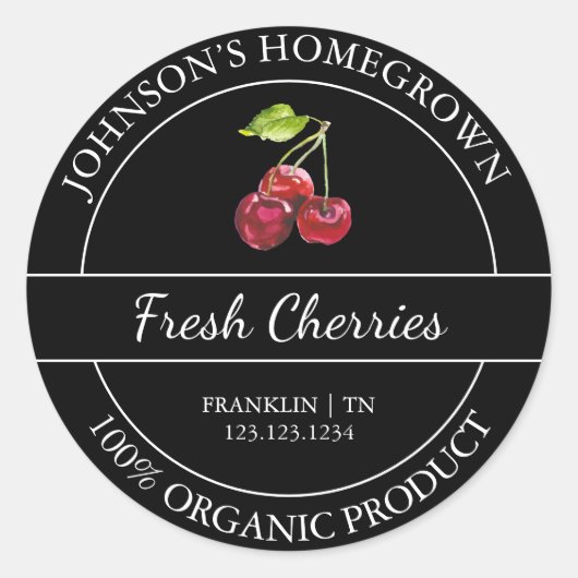 Zelfgekweekte tuin vers biologisch kersenlabel ronde sticker (Voorkant)