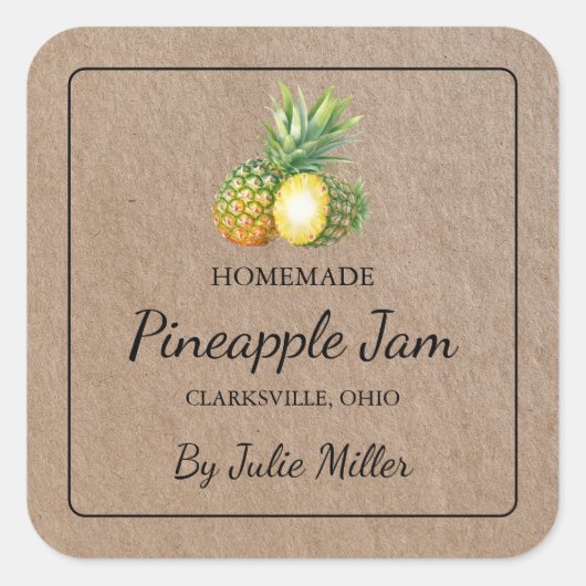 Zelfgemaakt ananas jam vierkant kraft papier label (Voorkant)