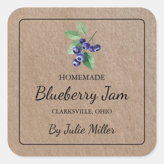 Zelfgemaakt Blueberry Jam Square Kraft-papierlabel Vierkante Sticker (Voorkant)