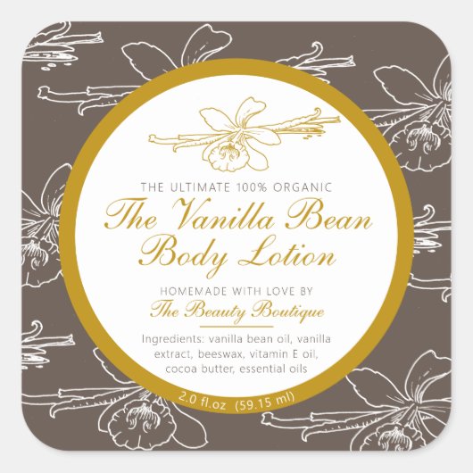 Zelfgemaakt body lotion product vanille bruin vierkante sticker (Voorkant)
