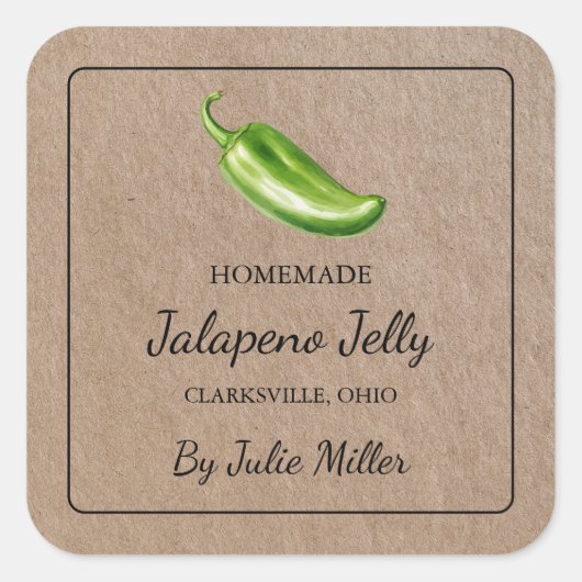 Zelfgemaakt Jalapeno Jelly Square Kraft papieren l Vierkante Sticker (Voorkant)
