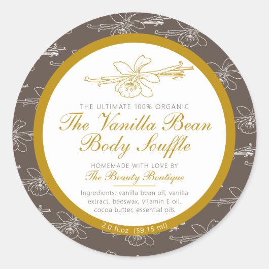 Zelfgemaakt lichaamsproduct vanille ingrediënt bru ronde sticker (Voorkant)
