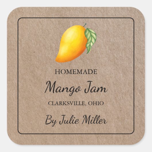 Zelfgemaakt Mango Jam Square Kraft papieren label (Voorkant)
