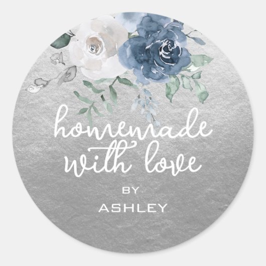 Zelfgemaakt met Liefde Bloemenblauw Roos Zilver Ca Ronde Sticker (Voorkant)