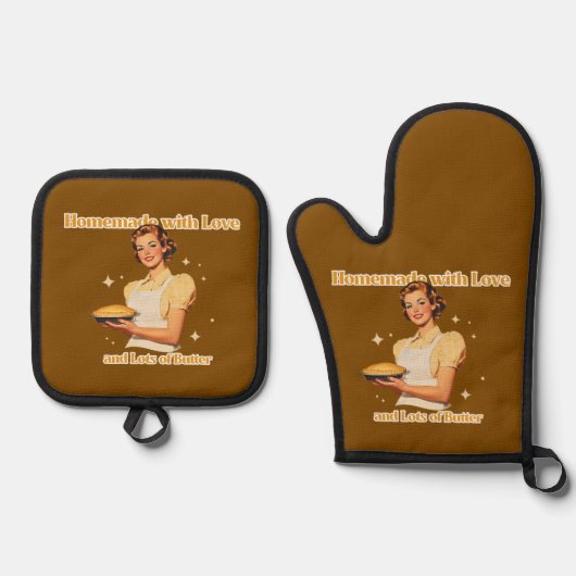Zelfgemaakt met liefde en veel boter ovenwant & pannenlap set (Voorkant)