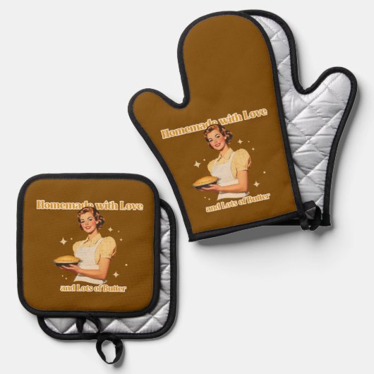Zelfgemaakt met liefde en veel boter ovenwant & pannenlap set (Voorkant / Achterkant)