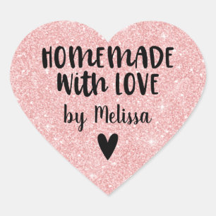 Zelfgemaakt met liefde roze glitter hart sticker