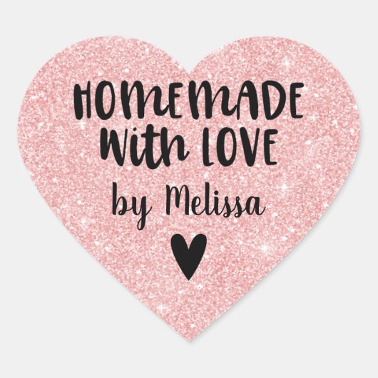 Zelfgemaakt met liefde roze glitter hart sticker (Voorkant)