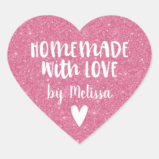 Zelfgemaakt met liefde roze glitter hart sticker (Voorkant)