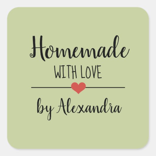 Zelfgemaakt met liefde salie groene scriptnaam vierkante sticker (Voorkant)
