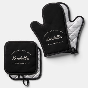 Zelfgemaakt met Liefde Zwart wit gepersonaliseerd Ovenwant & Pannenlap Set